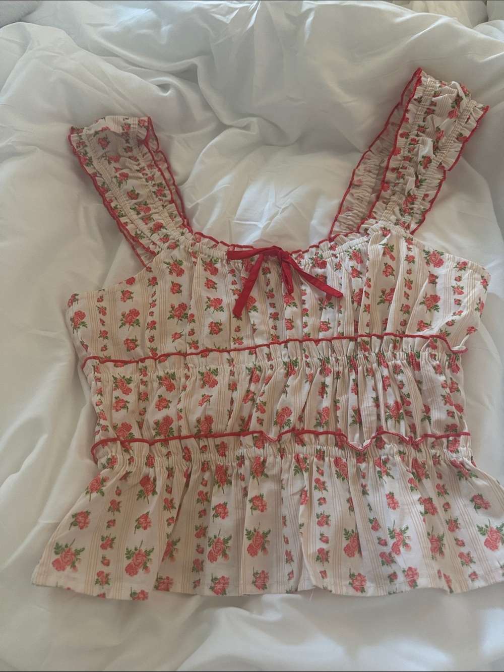 Floral Shirred Ruffle Tank Top - Pink/Red
